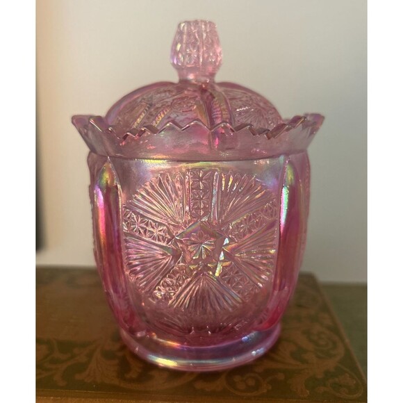 Fenton Iridescent Dusty Rose Cactus Pattern Glass Lidded Jar - Picture 2 of 3